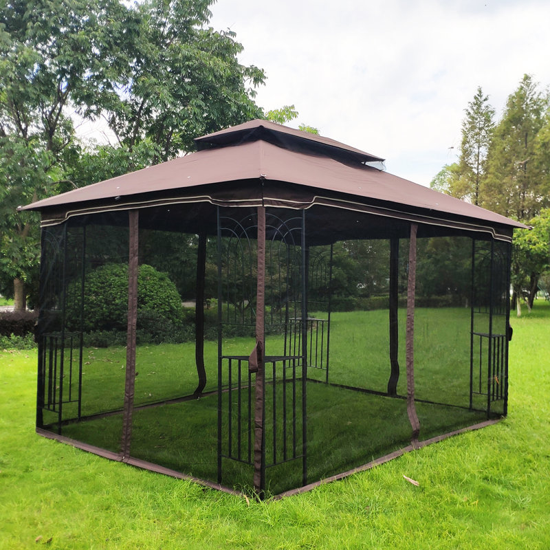 Pavillon de jardin d'extérieur 13 x 10 avec toit à deux niveaux et toile imperméable - structure en fer brun stable