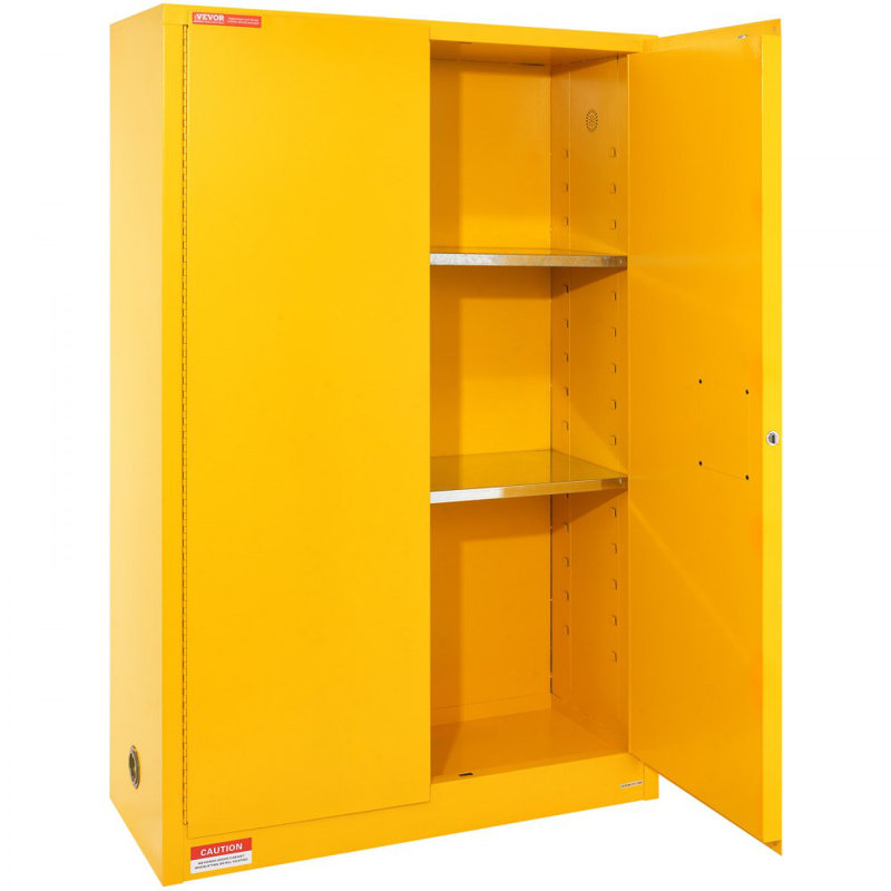 Armoire de sécurité pour liquides inflammables en acier laminé à froid 45 gallons, antidéflagrant 42,9 x 18,1 x 65,2 po avec 2 tablettes réglables et 2 portes manuelles à usage industriel, jaune