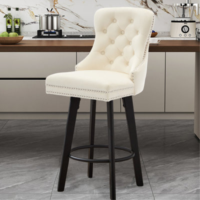 Chaises de bar en velours, bouton, rotation à 360 degrés pour îlot de cuisine, bar maison, bistro - chaises pivotantes en velours blanc crème, conception cloutée, assemblage facile