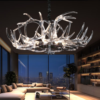 Acrylic Antler Chandelier Ceiling Light Fixtures, Clear Deer Antler Chandelier Lighting, Dimmable Deer Horn Pendant Light - Curved Antler & 31.5" Single Tier 12 Lights