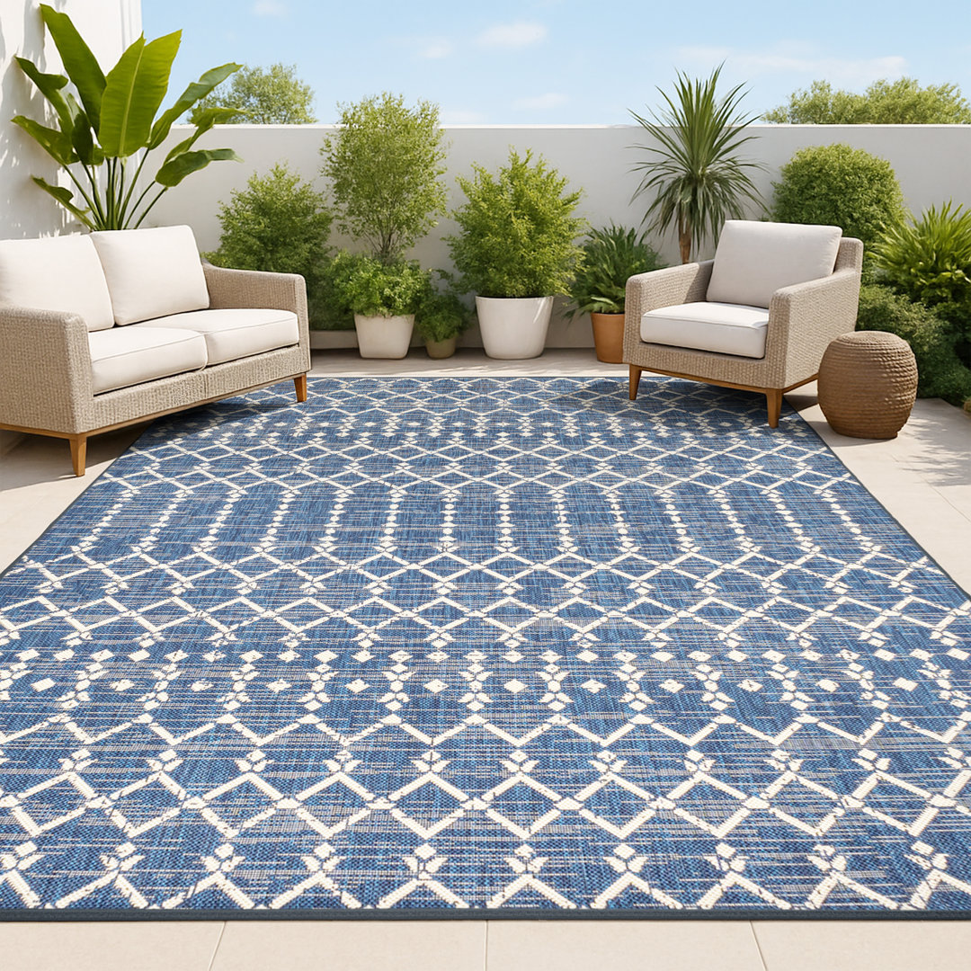 Krystina Moroccan Geometric Textured Weave Navy/Beige Indoor/Outdoor Rug Dakota Fields Rug