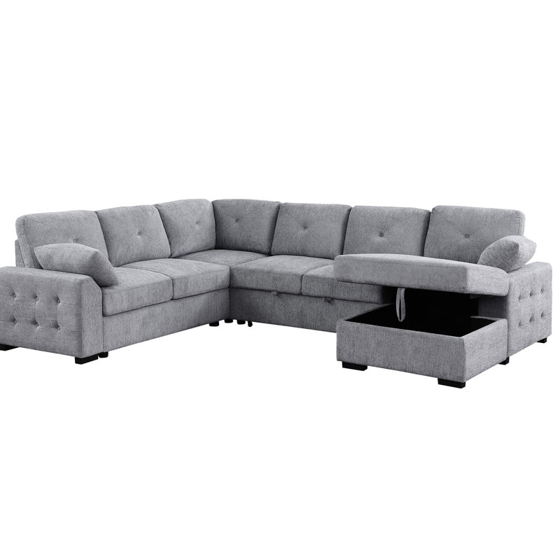 Canapé modulaire en L capitonné à dossier moyen en L gris avec dossier escamotable et rangement moyen, deux coussins décoratifs pour un siège chaleureux, profondeur 32,67 po, largeur 119,3 po