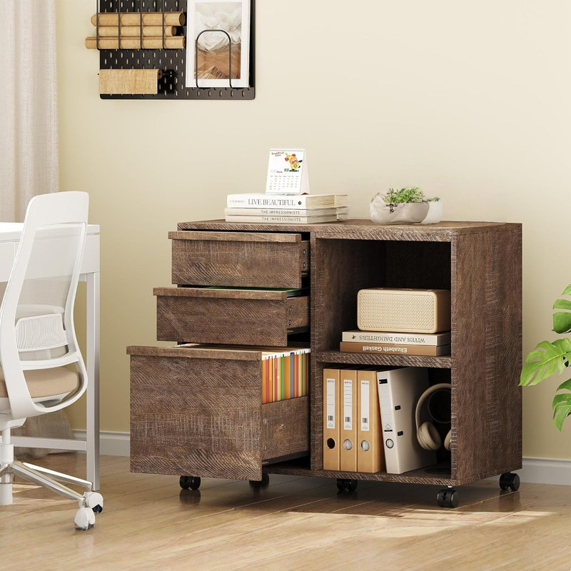 Classeur à 3 tiroirs avec tablettes de rangement ouvertes, classeur latéral à roulettes pour dossiers de format lettre / A4, support d'imprimante mobile avec roulettes, armoire de rangement en bois pour le bureau personnel