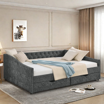 Airion Upholstered Tufted Daybed with Drawers, Copper Nail Decoration and Waved Shape Arms by Red Barrel Studio