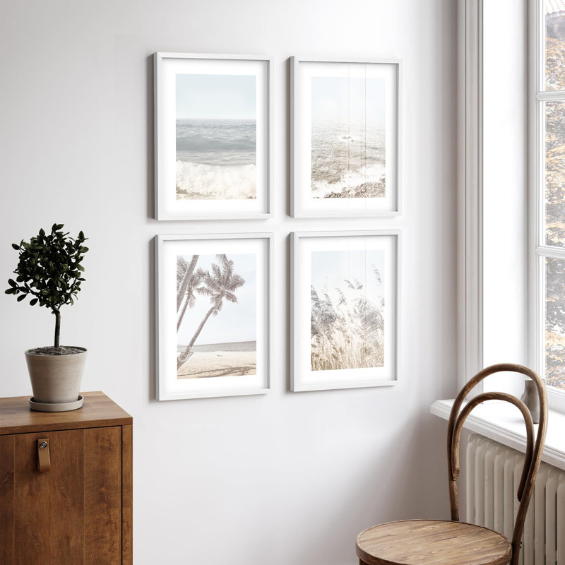 «Serene Beach Scenes Illustration Relax Coastal Tranquility», 4 pièces, Blanc, H 10 po x l 8 po