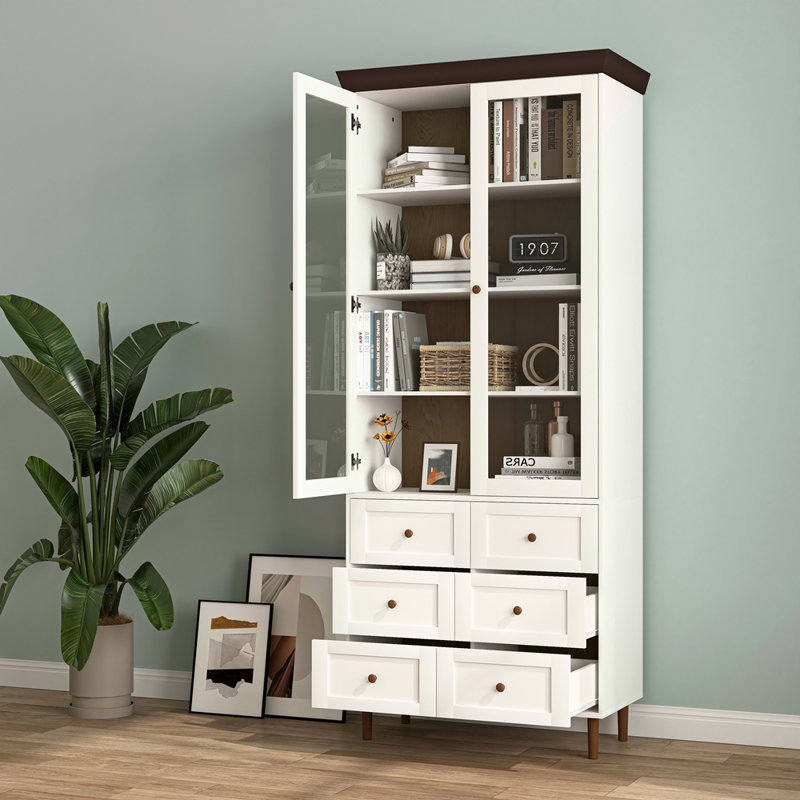Armoire de rangement blanche en panneau de fibres à densité moyenne blanche, grands armoires de cuisine avec portes en verre et tablettes réglables, armoire de rangement autoportante pour la cuisine, le salon
