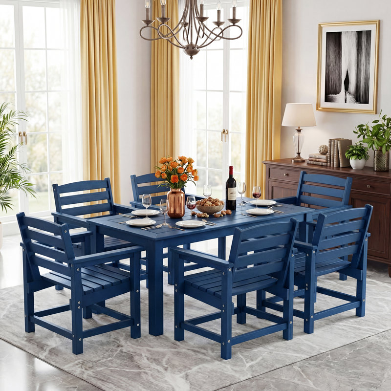 7-Piece HDPE Plastic Patio Outdoor Dining Set 6 Armchairs And 69" Table With 2" Umbrella Hole, Blue