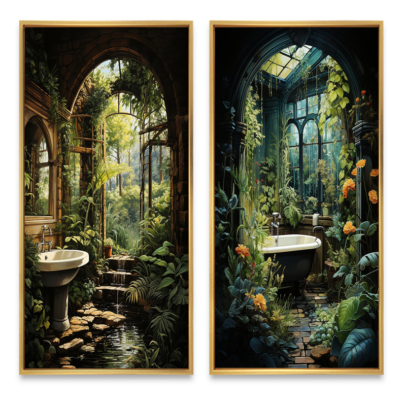 «Bathroom Natures Retreat», 2 pièces sur toile, Encadrement doré, H 20 po x l 24 po