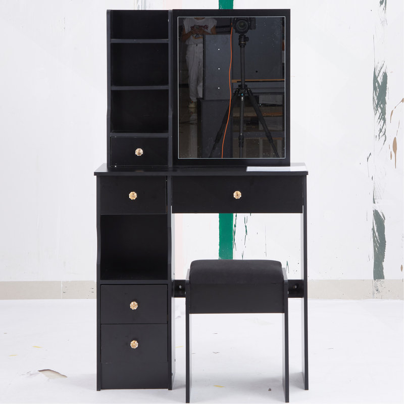 29.2" Small Space Left Drawer Desktop Vanity Table With Cushioned Stool,Multi-Layer High Capacity Storage, Practical Fashionable Dresser
