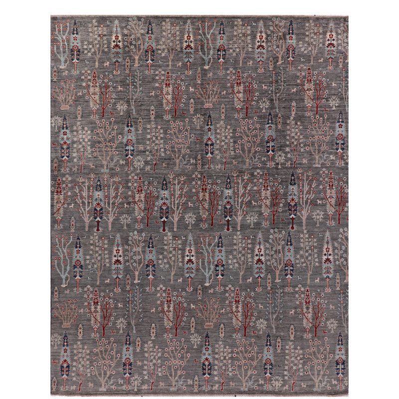 Tapis floral gris / rouge en laine noué à la main 7 pi 10 po x 10 pi Floral