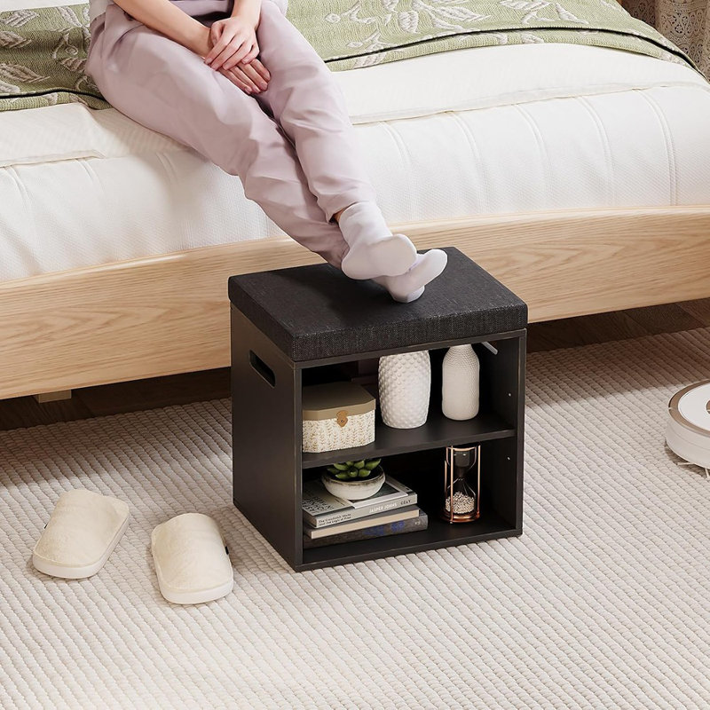 Banc de rangement à chaussures à 2 niveaux en bambou avec coussin - Petit banc de rangement pour chaussures avec support réglable (noir antique)