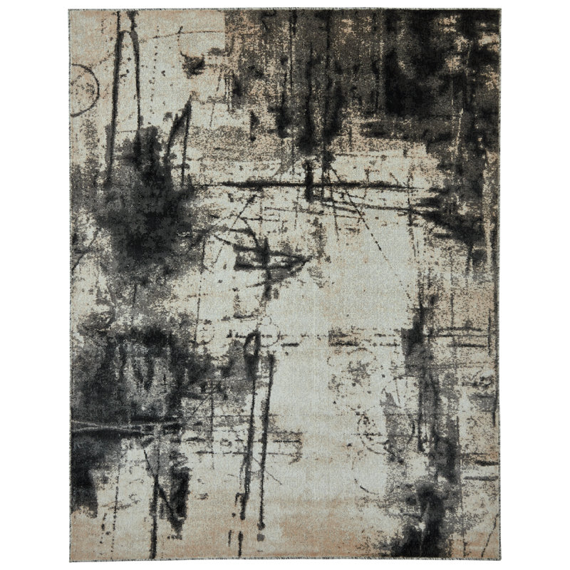 Strato Urban Script Abstract Black/Beige/Cream Area Rug, Rectangle 7'6" x 9'6"