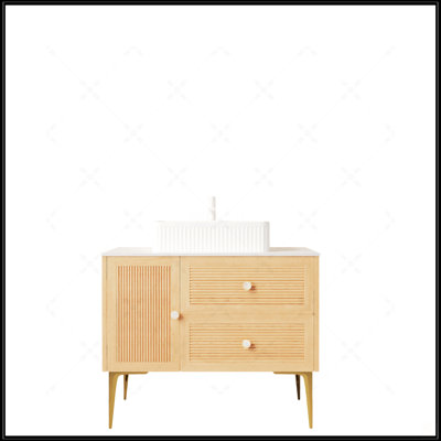 Meuble-lavabo de salle de bain avec lavabo en céramique blanche, armoire autoportante en contreplaqué, 4 pieds en métal, 2 tiroirs et porte, finition grain de bois de chêne, pré-assemblé