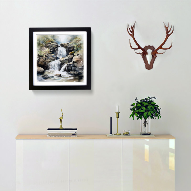 Waterfall Watercolour - Framed Print, Black