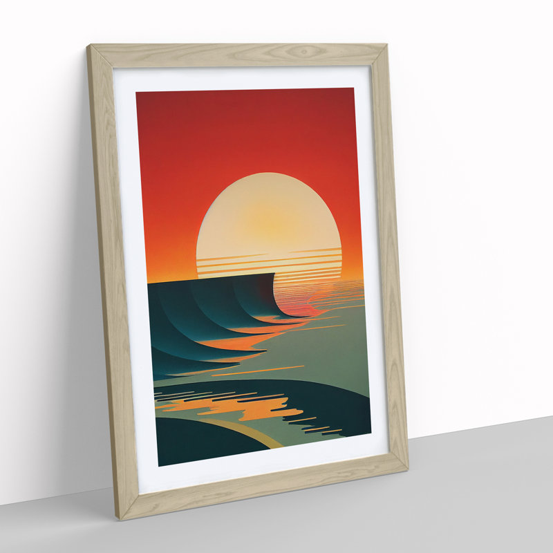 Deco Ocean Sunset No.2 - Framed Print, 64cm H x 46cm W x 2cm D, Oak