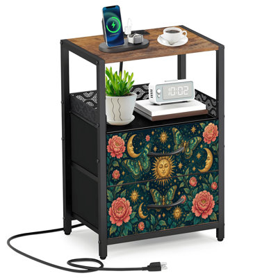 Table de chevet 2 tiroirs en tissu avec station de charge Mystical Sun Moon
