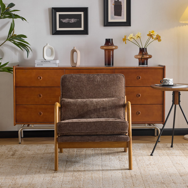 Mid Century Solid Wood Accent Chair Chenille Armchair, Brown