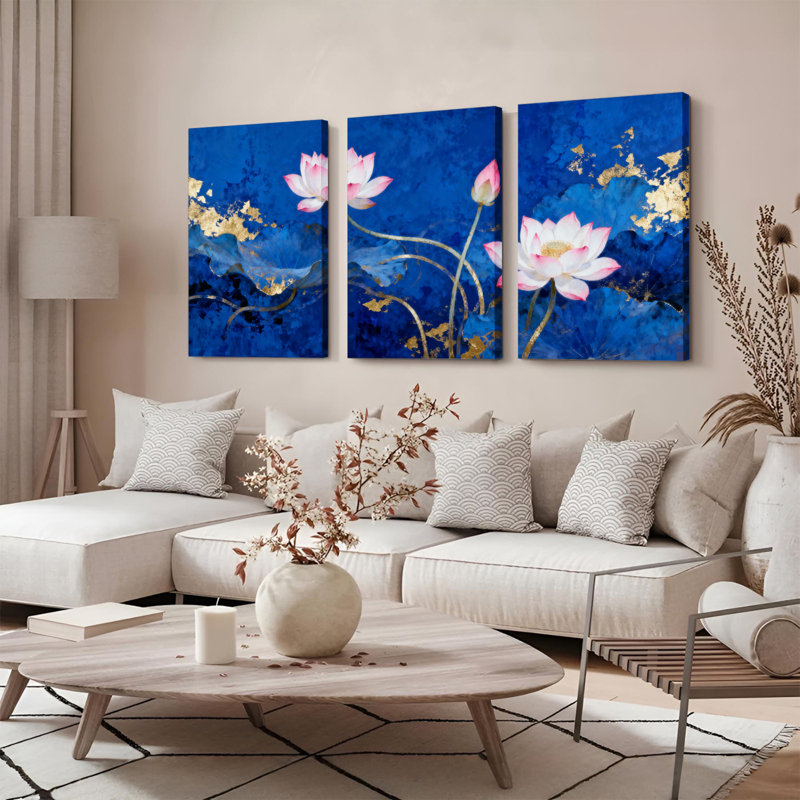 Ensemble de 3 toiles murales à motif de fleurs de lotus, H 24 po x l 48 po