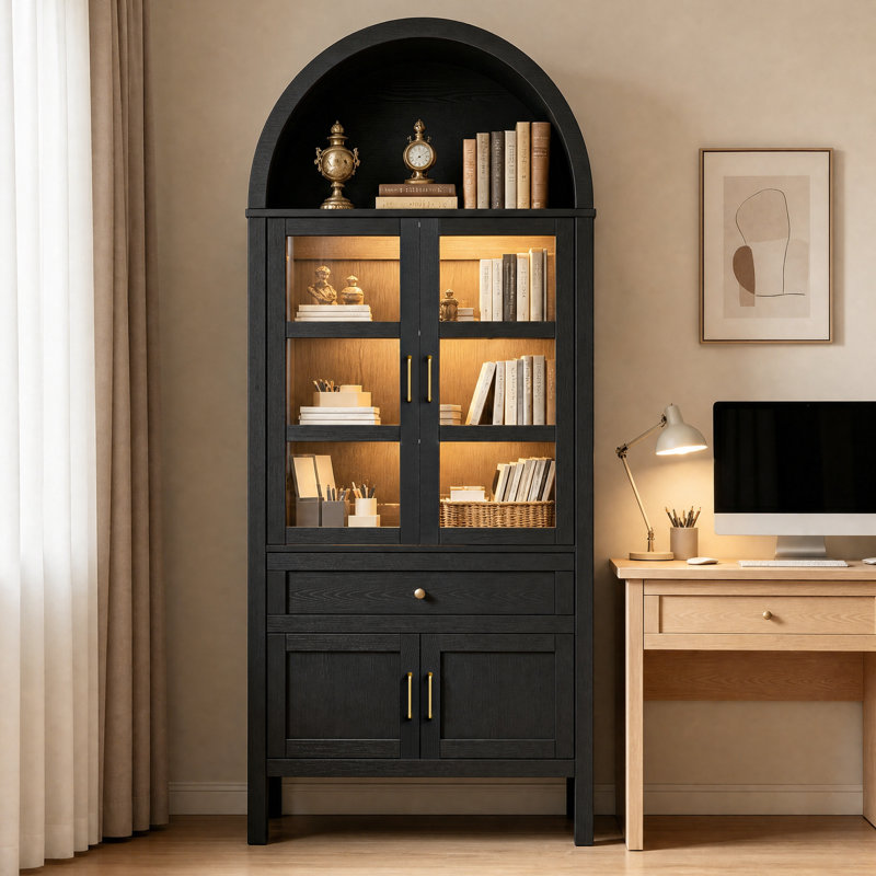 Bibliothèque cintrée de 180 cm de haut avec éclairage et portes en verre trempé, étagères réglables pour bureau et salon