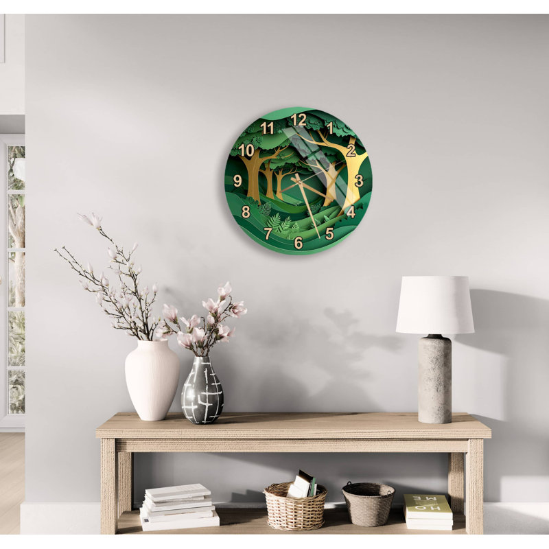 Horloge murale Enchanted Forest Temped Glass - Green Nature, 14 pouces, Or anglais