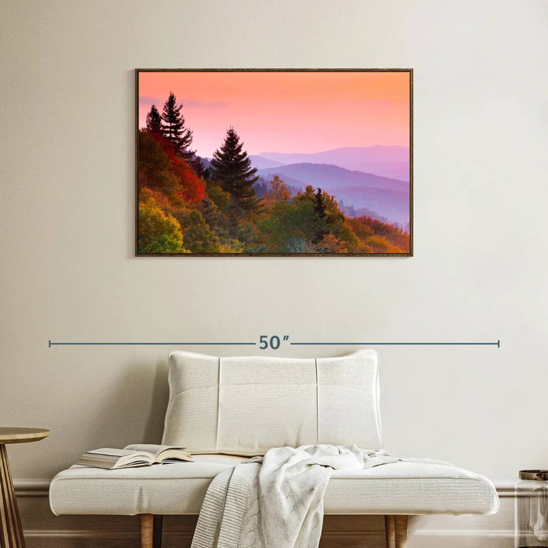 Automne lever de soleil, 37 po x 25 po, Cadre flottant noyer