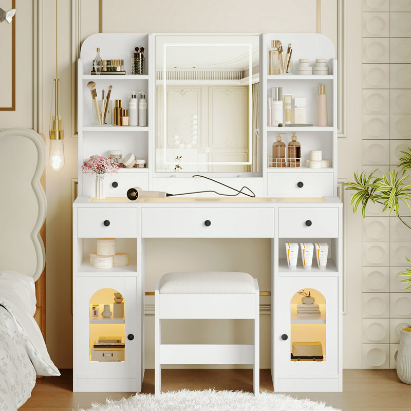 Bureau de coiffeuse avec miroir à DEL, 5 tiroirs, tablettes de rangement et tabouret