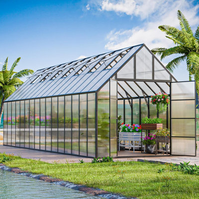 32X10 FT Walk-In Polycarbonate Greenhouse With Aluminum Frame, Lockable Door & Ventilation Window, Green House For Outdoors