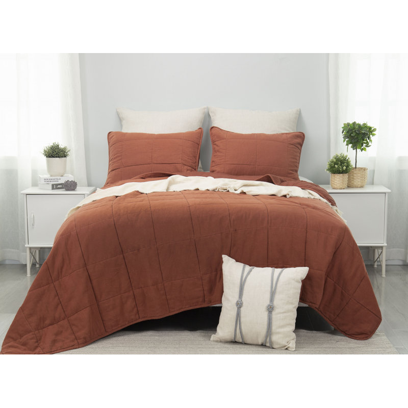 Stone Washed Linen Blend Box Stitch Quilt and Pillow Shams Set, Cayenne, Queen Quilt + 2 Shams