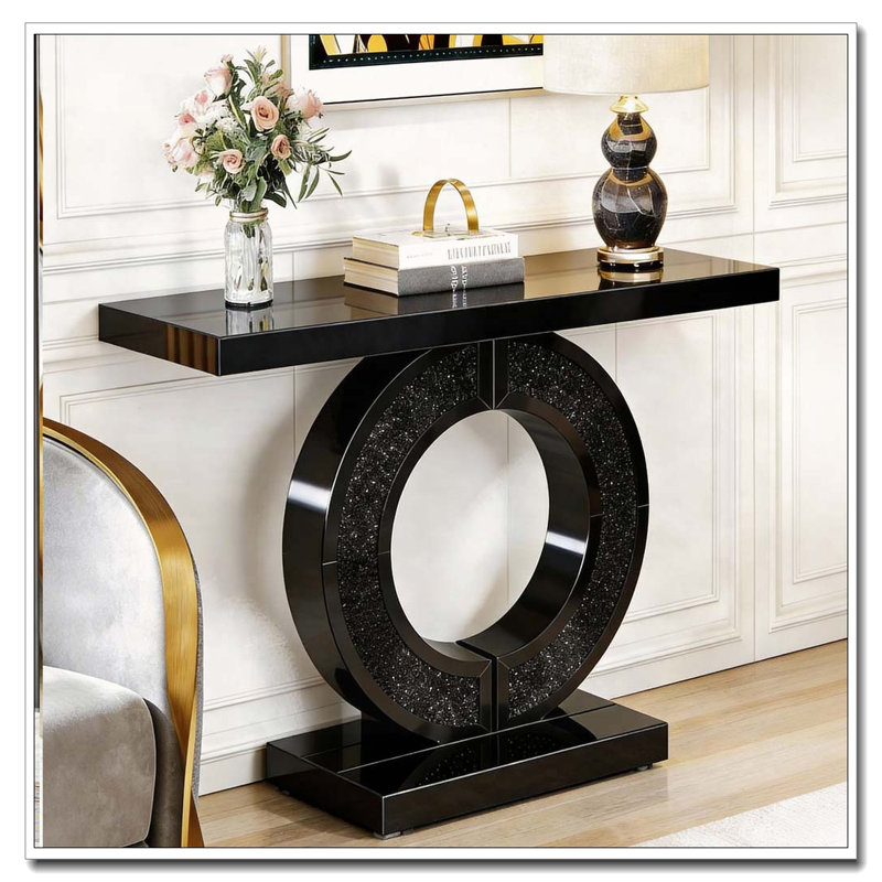Console en miroir avec incrustation de diamant concassé, longue entrée, Noir