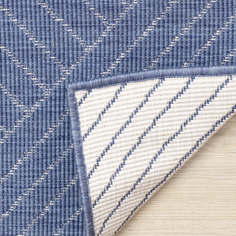 Tapis rayé bleu intérieur / extérieur scandinave, 6 pi 7 po x 9 pi 6 po