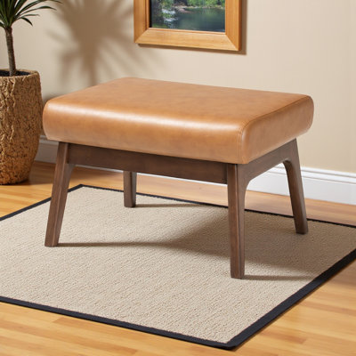 Arbyrd Mid-Century Modern Wooden Ottoman with Tan Faux Leather Effect in Walnut Brown by George Oliver
