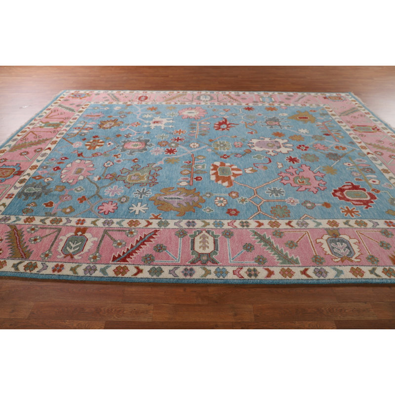 Tapis oriental bleu clair et rose Oushak 9 x 12