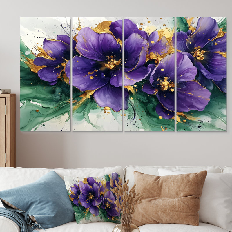 Allendale - Violets Wall Art - Ensemble de 4 décorations murales traditionnelles, H 28 po x l 48 po