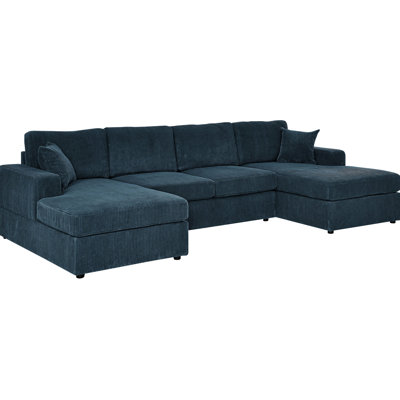 Blue Corduroy 3 - Piece Double Chaise Sectional With 4 Seats, Engineered Wood Base, Streamlined Rectangular Cushions, Low Profile Design, Removable Covers For Traditional Home Style Seat Foam Filled