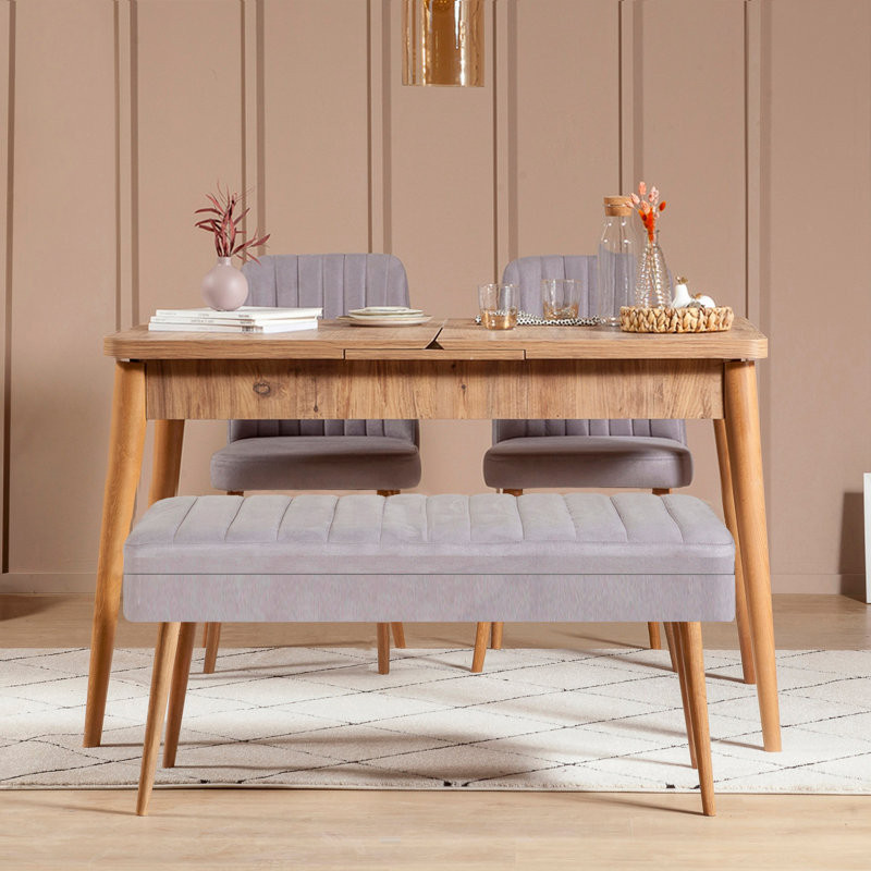Extendable Dining Table & Chairs Set (4 Pieces), Atlantic Pine & Grey, Table: 50.8 x 29.5 x 31.5 inches, Open Size: 64.2 x 29.5 x 31.5 inches | 100% Melamine Coated Particle Board, Chairs: 18.5 x 35.4 x 17.7 inches, Velvet Fabric, Scandinavian Design