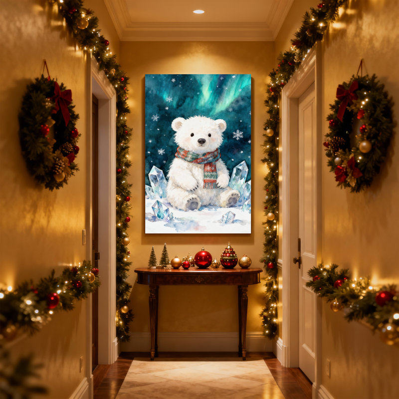 Ours polaire de Noël avec écharpe et aurores boréales, ensemble de 3 impressions sur toile, H 24 po x l 16 po