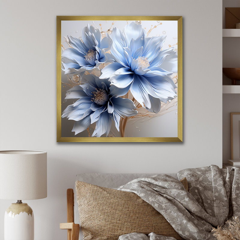 «Dreamy Blue Cornflowers Emotion I» - art mural grand bleuet, Cadre doré simple, H 30 po x l 30 po x P 1 po