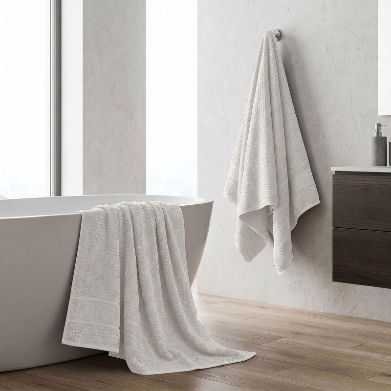 Cotton 2-Piece Bath Towel Set – Waffle Grid Textured Terry Bath Towels, Stone