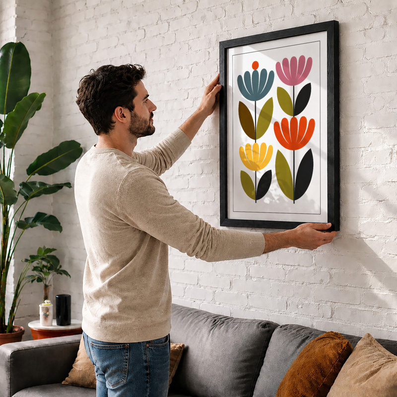 Six Stylized Blooms Mid-Century - Framed Print, Walnut, A1 - 84.1 x 59.4 cm