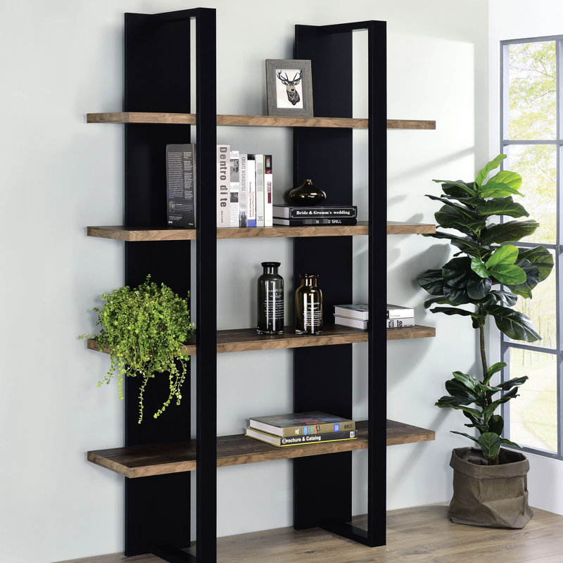 Bibliothèque à 4 tablettes de style moderne avec tablettes ouvertes, idéale pour la décoration de salon
