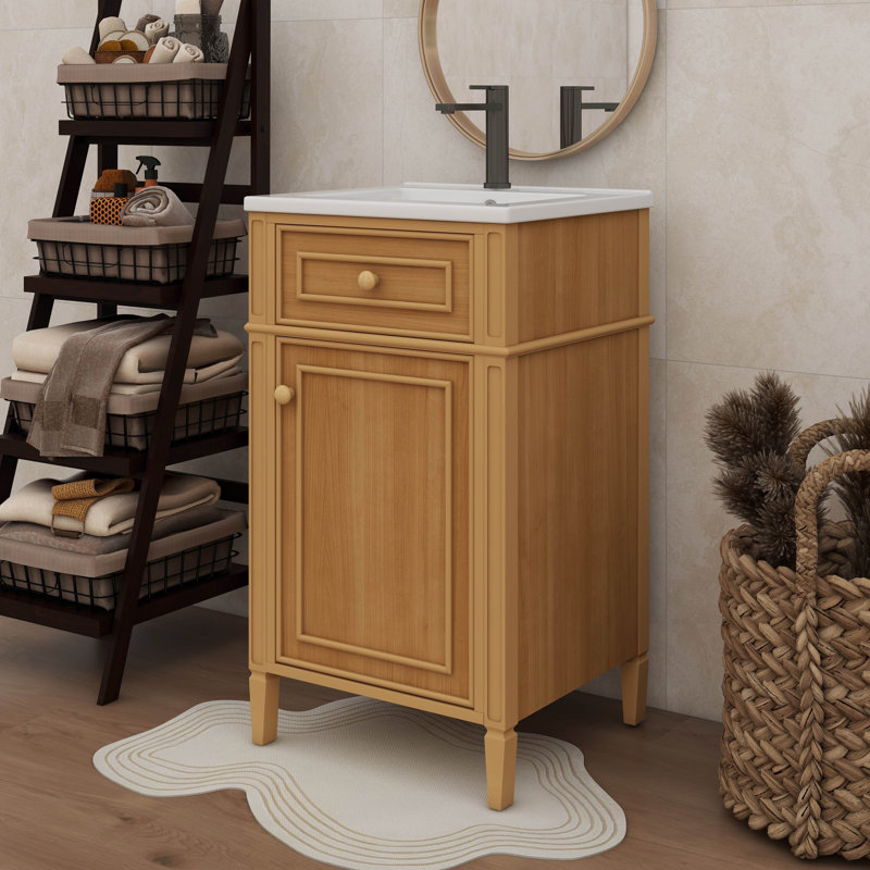 Meuble-lavabo de 20 po avec lavabo, meuble-lavabo autonome avec porte à fermeture silencieuse, tiroir inclinable et support réglable, poignées en bois
