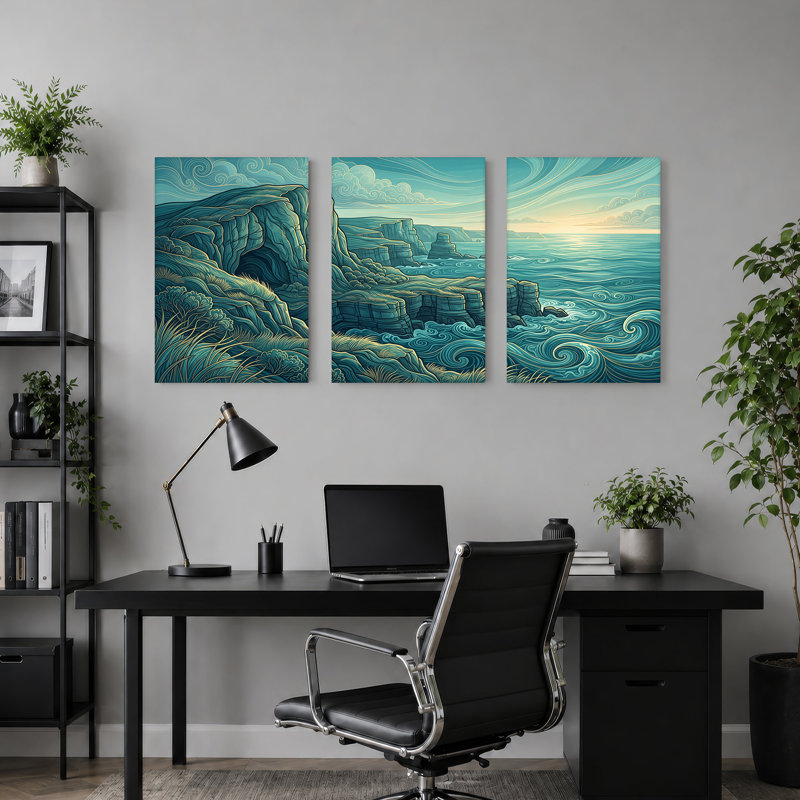 Art mural sur toile, "Falaises côtières robustes et vagues bleues tourbillonnantes", 18"H x 12"W x 3pcs