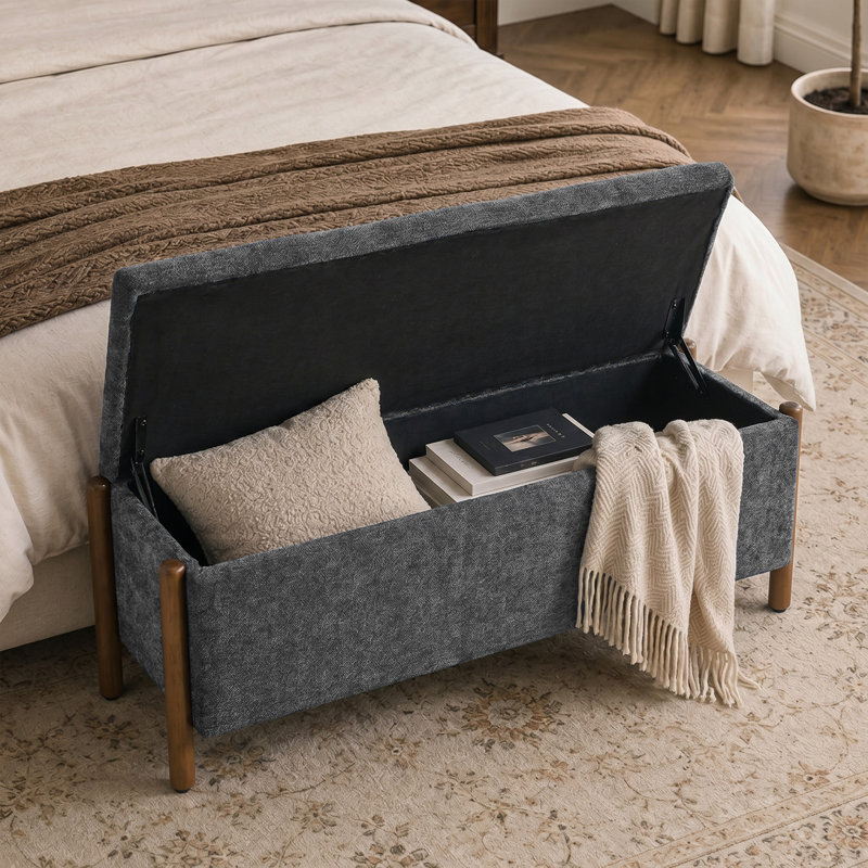  Banc de rangement rembourré 48 po avec pieds en bois massif 48 po, Gris anthracite