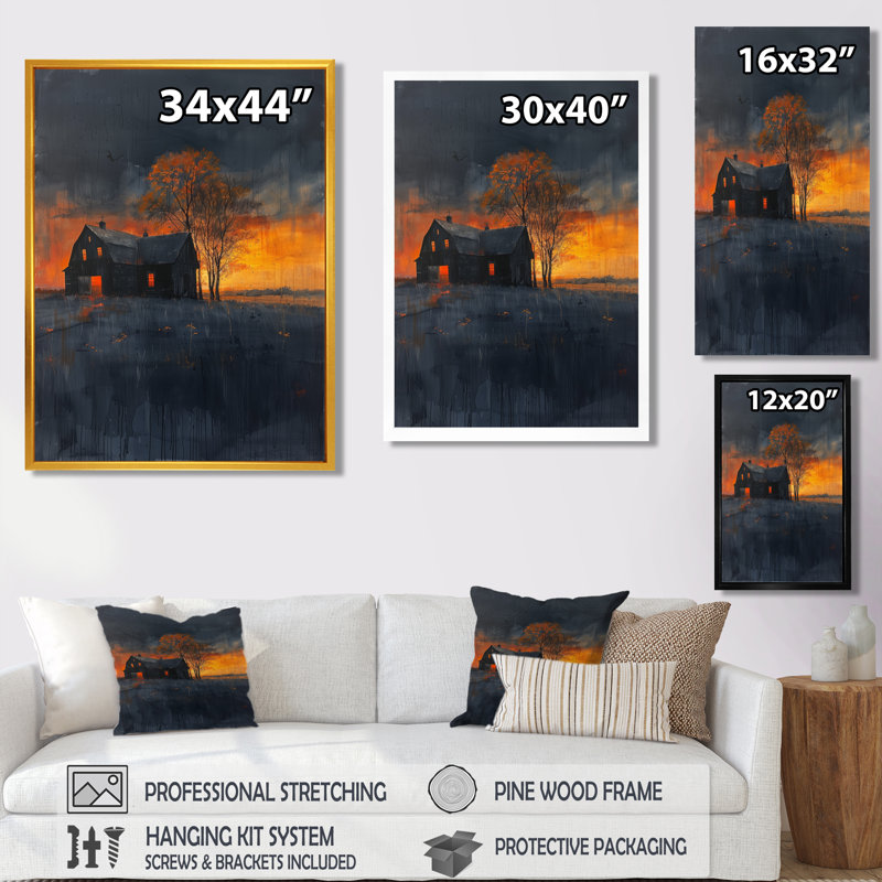 «Yellow Blue Autumn Autumn Serenity Sunset Barn», reproduction d'art murale grange, Toile avec cadre flottant brun