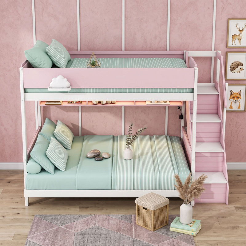 Lit superposé en bois avec escalier de rangement et éclairage DEL, Jumeaux sur complet, Rose