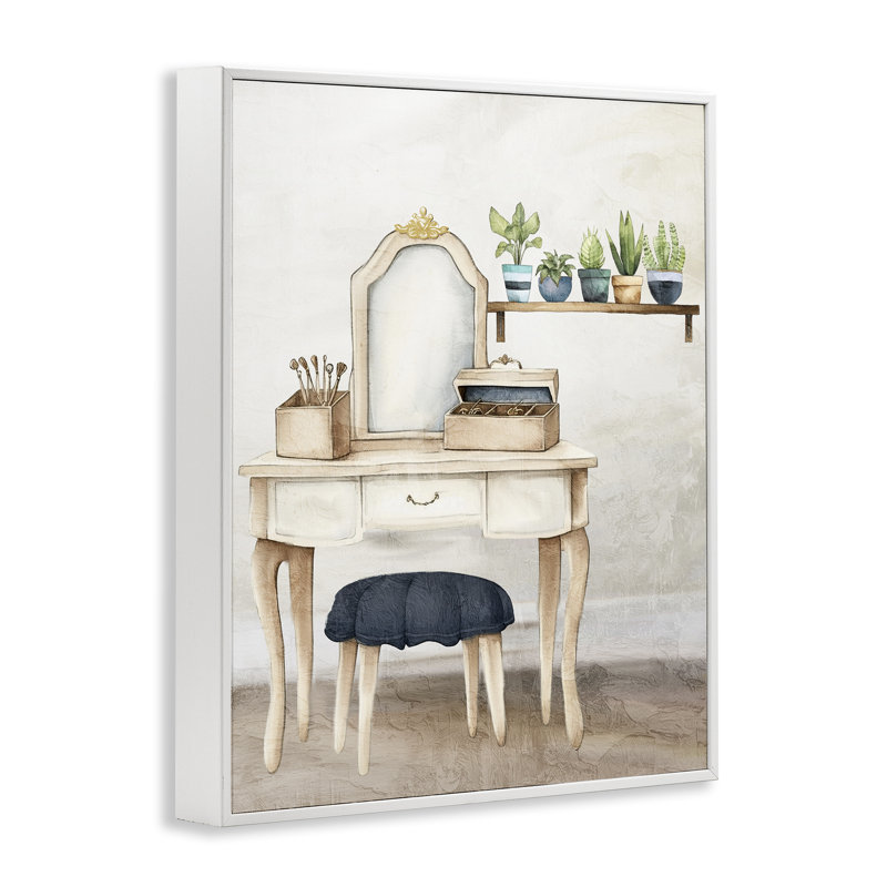 Giclée encadrée de meuble-lavabo bleu, design par Kim Allen, H 30 po x l 24 po, Estampe numérique encadrée blanc bord de mer