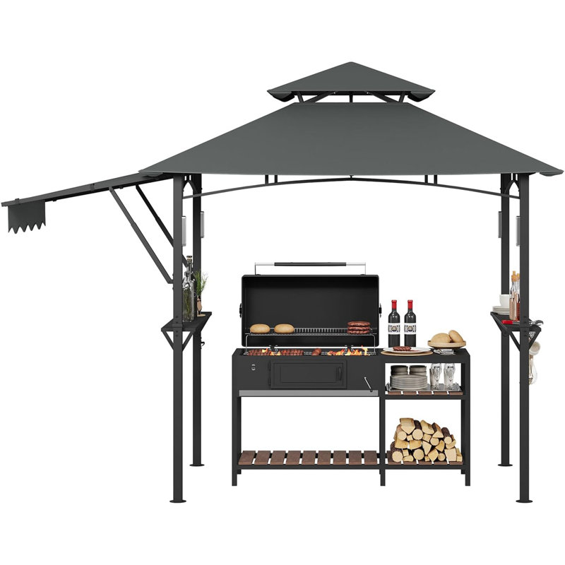 8 Ft. x 5 Ft. Grill Gazebo with Side Awning, Double-Tier BBQ Canopy with Shelves, LED Lights, Hooks and Bottle Opener for Patio, Backyard or Deck