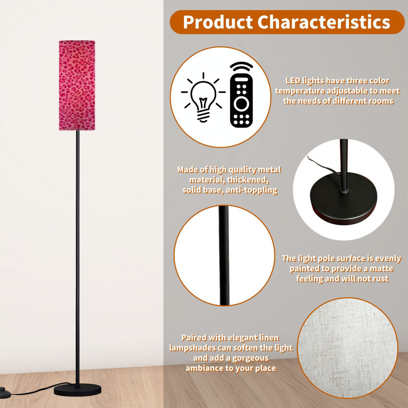  68.5" Standing Floor Lamp Hot pink leopard pink spots seamless Dimmable Metal Pole Lamp with Linen Lampshade LED Bulb Included
