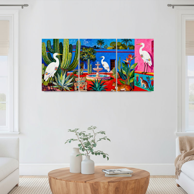 Ensemble de 3 tableaux sur toile tendue représentant un héron blanc, un cactus et un palmier, dans une oasis du désert.