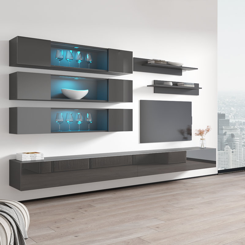 Nason 126" Modern Floating Wall Mounted Entertainment Center with 16-Color LED Lighting, High Gloss Finish, Gray